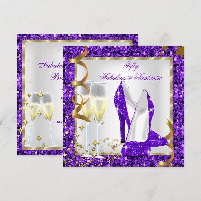 Convites Fantástico 50 Fantástico Aniversário Roxo Branco D (Frente/Verso)