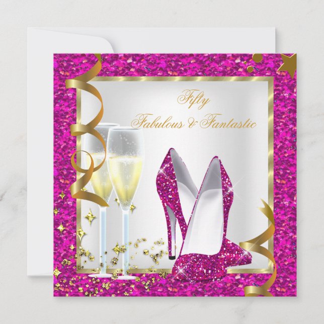 Convites Fantástico 50 Fantástico Rosa Branco Dourado Anive (Frente)