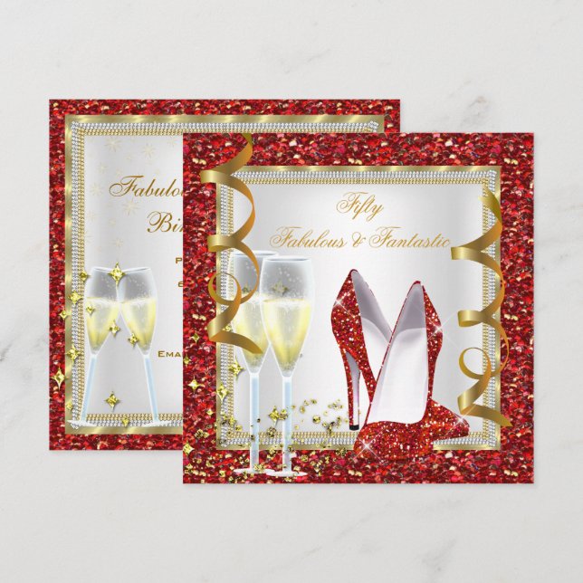 Convites Fantástico 50 Fantásticos Vermelho Branco Dourado  (Frente/Verso)