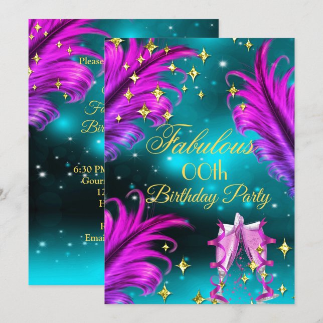 Convites Fantástico Aniversário Azul turquesa Roxo Rosa Cha (Frente/Verso)