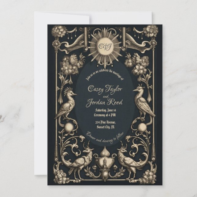 Convites Fantasy Birds Gothic Wedding Invitation Dark (Frente)