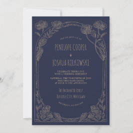 Convites Fantasy Floral Navy Blue Gold Enchanted Wedding