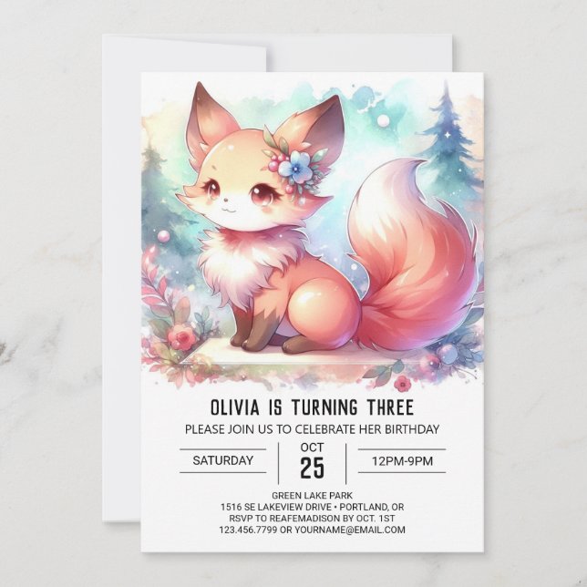 Convites Fantasy Watercolor Fox Birthday digital (Frente)
