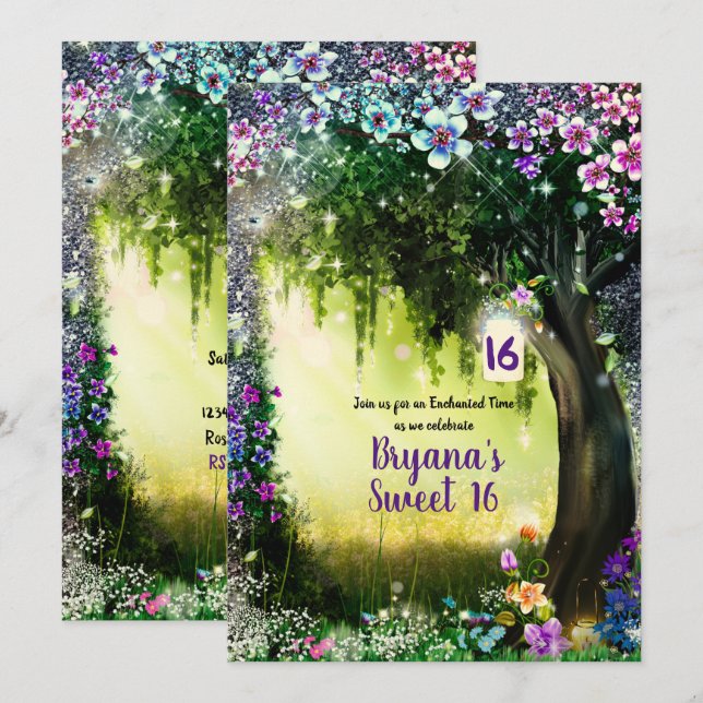 Convites Fantasy Woodland Encantada Floresta Brilhante Doce (Frente/Verso)