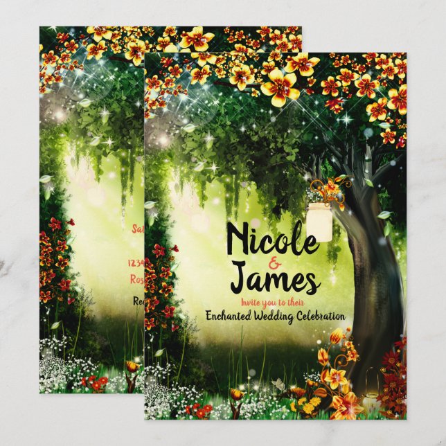 Convites Fantasy Woodland Encantada Floresta Coral Flores I (Frente/Verso)