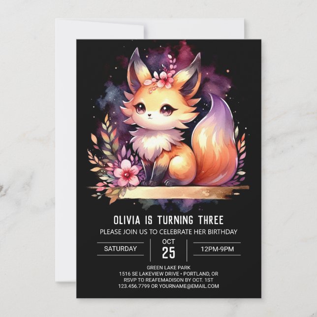 Convites Fantasy Woodland Fox Birthday digital (Frente)