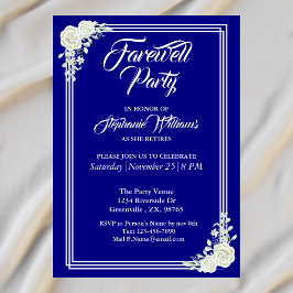 Convites Farewell Elegant Script Blue White Rose Party