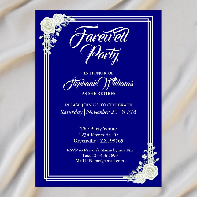 Convites Farewell Elegant Script Blue White Rose Party (Criador carregado)