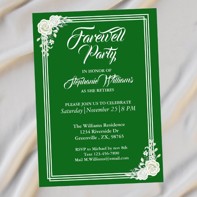 Convites Farewell Elegant Script Green White Rose Party (Criador carregado)