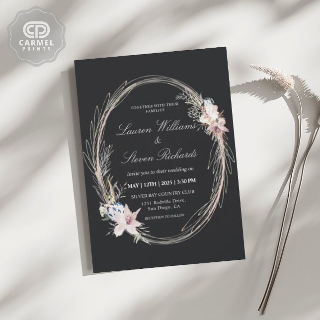 Convites Farinha Branca, Cor-de-Rosa, Fresca Escura Persona (Custom Black Pink Whimsical Wreath Floral Premium Invitation)