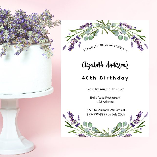 Convites Farinhas de lavanda de aniversário de luxo de euca (Criador carregado)