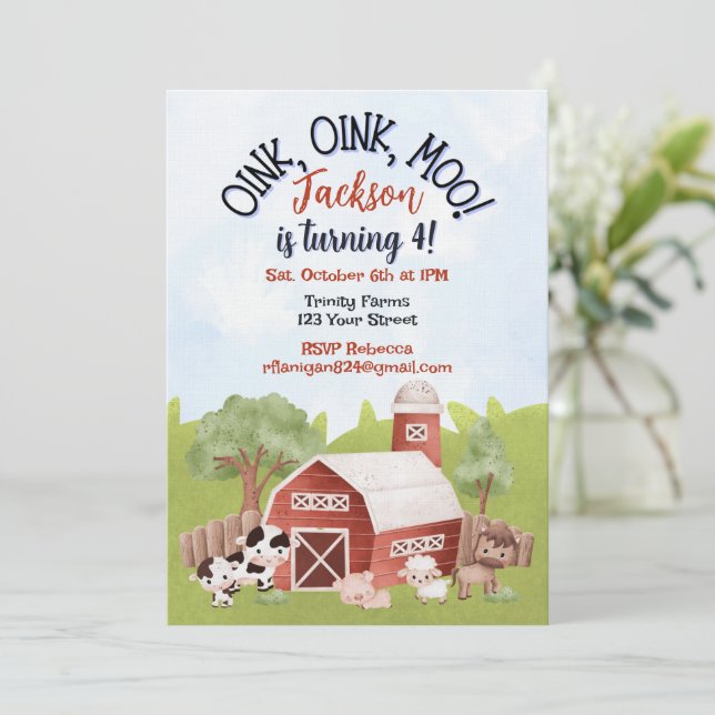 Convites Farm Animal Barnyard Second Birthday Invitation (Em pé/Frente)