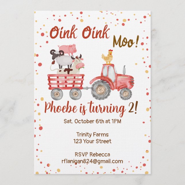 Convites Farm Animal Barnyard Second Birthday Invitation (Frente)