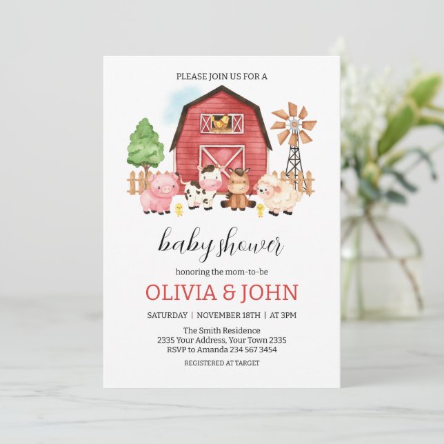 Convites Farm Animals Baby Shower (Em pé/Frente)