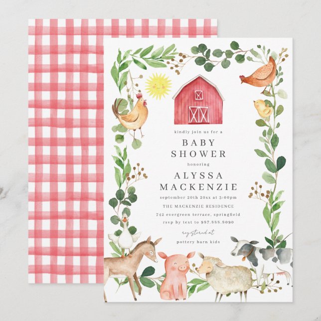 Convites Farm Animals Baby Shower Invitation (Frente/Verso)