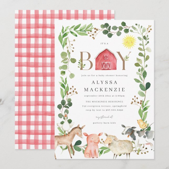 Convites Farm Animals Baby Shower Invitation (Frente/Verso)
