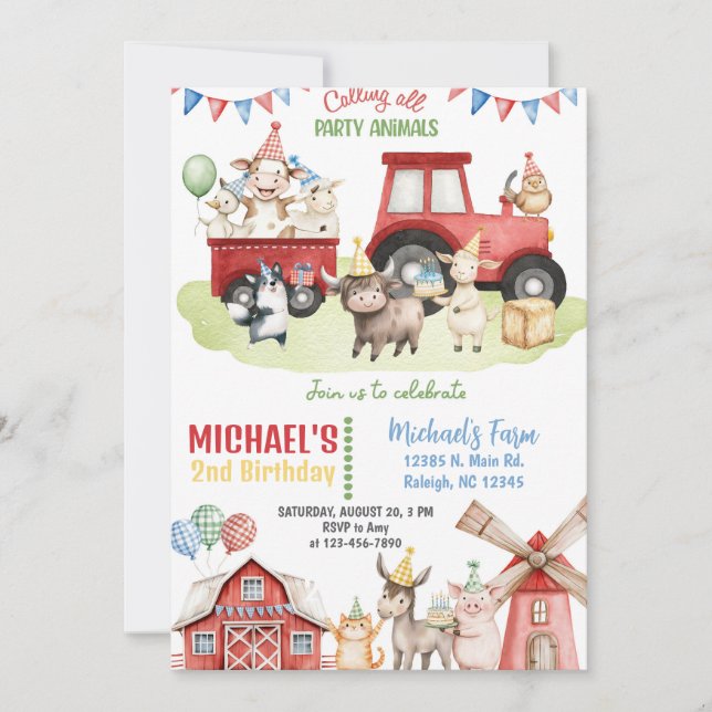 Convites Farm animals boy ANY AGE birthday invitation. (Frente)