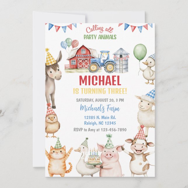 Convites Farm animals boy ANY AGE birthday invitation. (Frente)