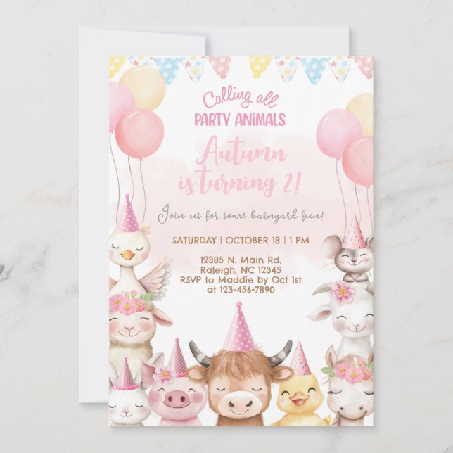 Convites Farm animals close-up girl birthday invitation. (Frente)