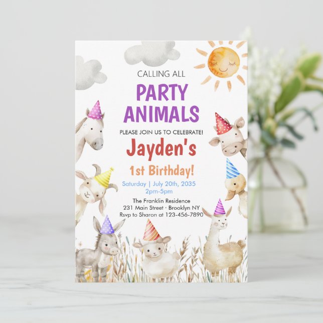 Convites Farm Animals gender neutral Barnyard 1st Birthday (Em pé/Frente)