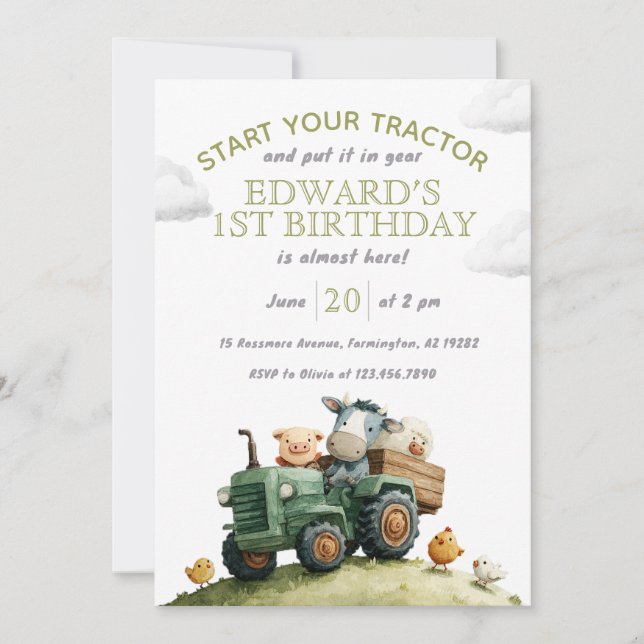 Convites Farm Animals Green Tractor Birthday  (Frente)