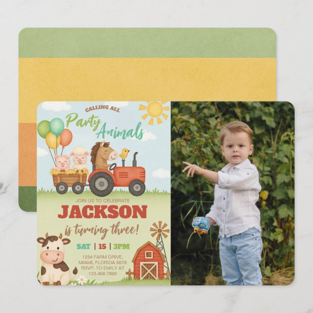 Convites Farm Animals Ranch Kids Birthday Photo (Frente/Verso)