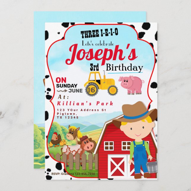 Convites FARM BOY 3rd BIRTHDAY INVITATION THREE-I-I-I-O (Frente/Verso)