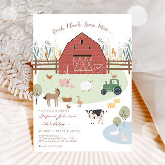 Convites Farm Party Animals Kids Birthday Invitation