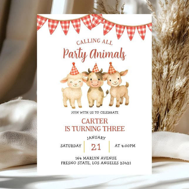 Convites Farm Party Calling All Party Animals Birthday  (Criador carregado)