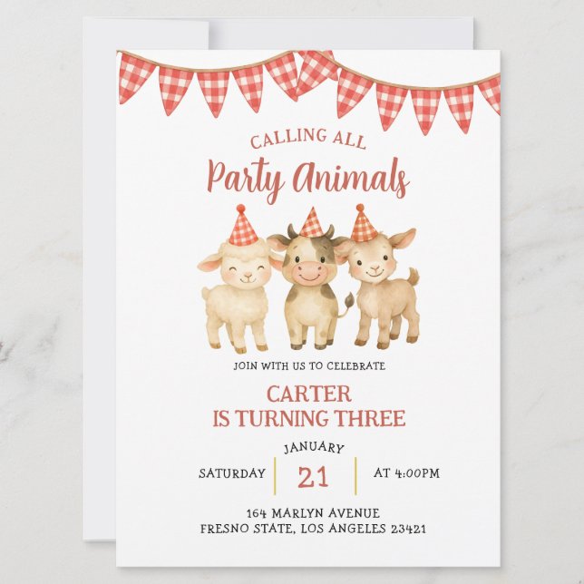 Convites Farm Party Calling All Party Animals Birthday  (Frente)