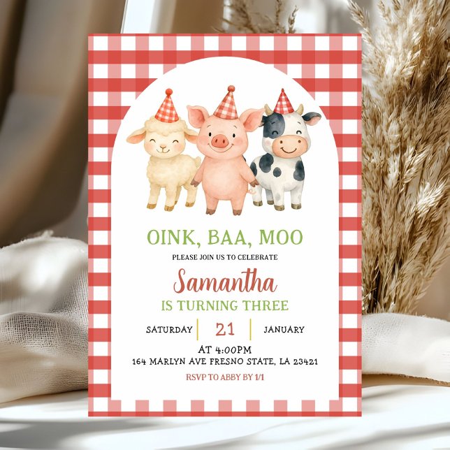 Convites Farm Party Gingham Birthday Invitation (Criador carregado)