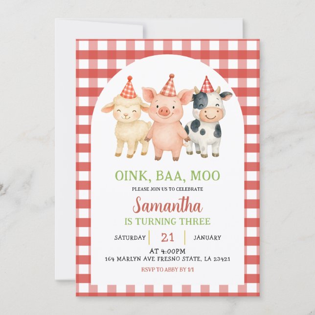 Convites Farm Party Gingham Birthday Invitation (Frente)