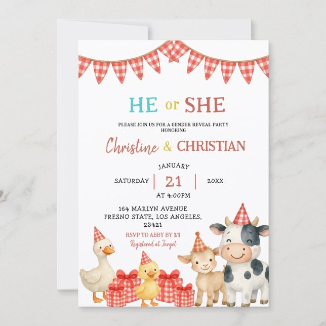 Convites Farm Party He or She Gender Reveal Invitation (Frente)