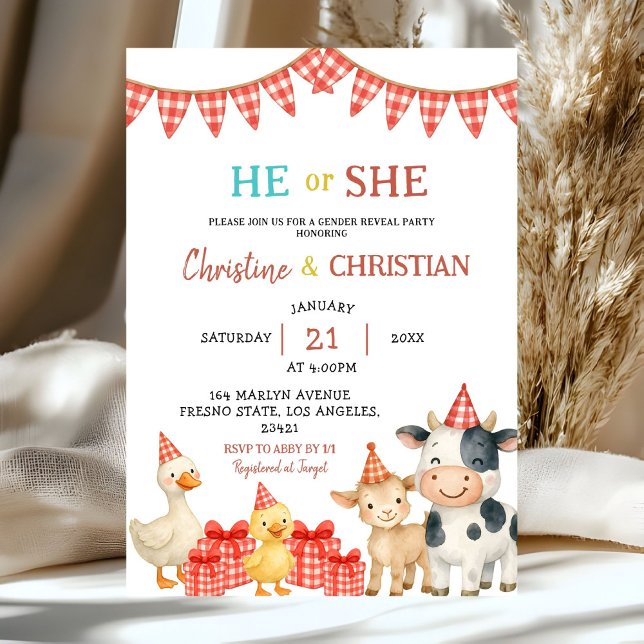 Convites Farm Party He or She Gender Reveal Invitation (Criador carregado)