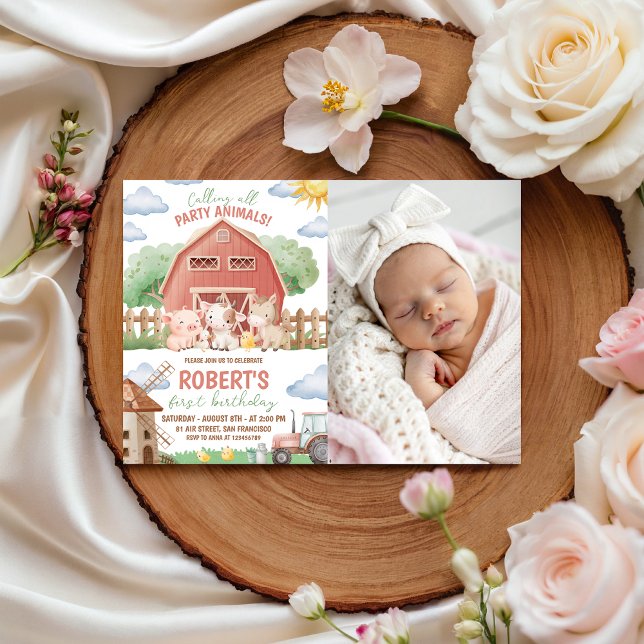 Convites Farm Party Photo 1st Birthday Invite (Criador carregado)