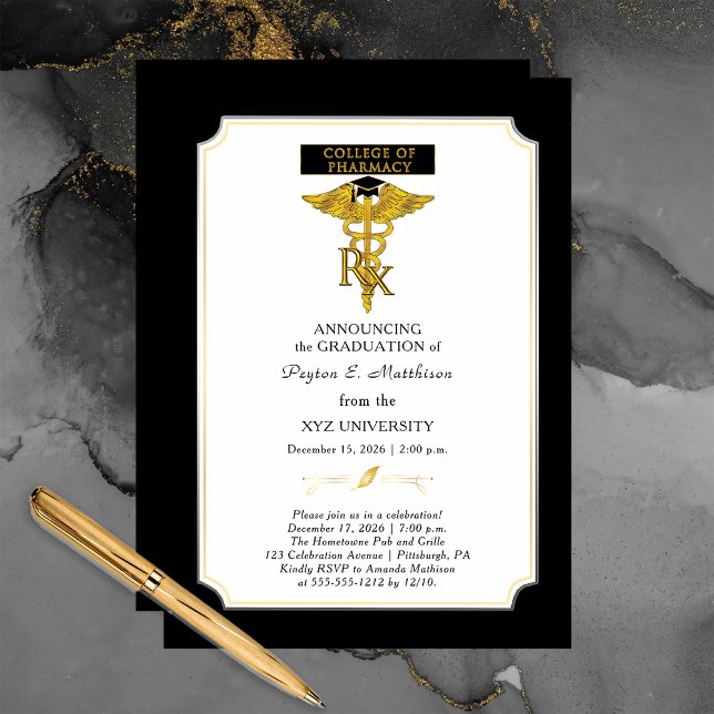 Convites Farmacêutico de Faculdade de Farmácia | Graduação  (Elegant Formal College of Pharmacy Pharmacist Graduation Announcement and Grad Party Invitation)