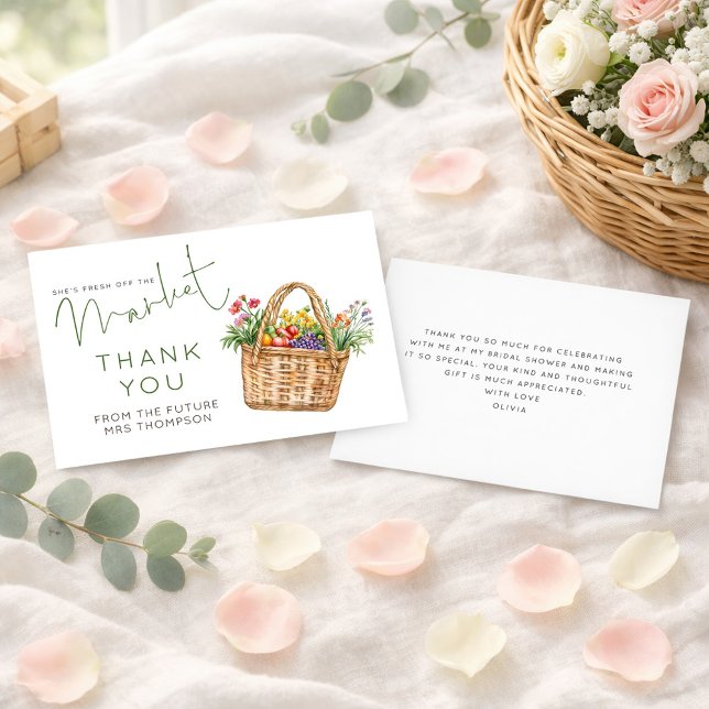Convites Farmers Market Bridal Shower Green Thank You Card (Front and back view)