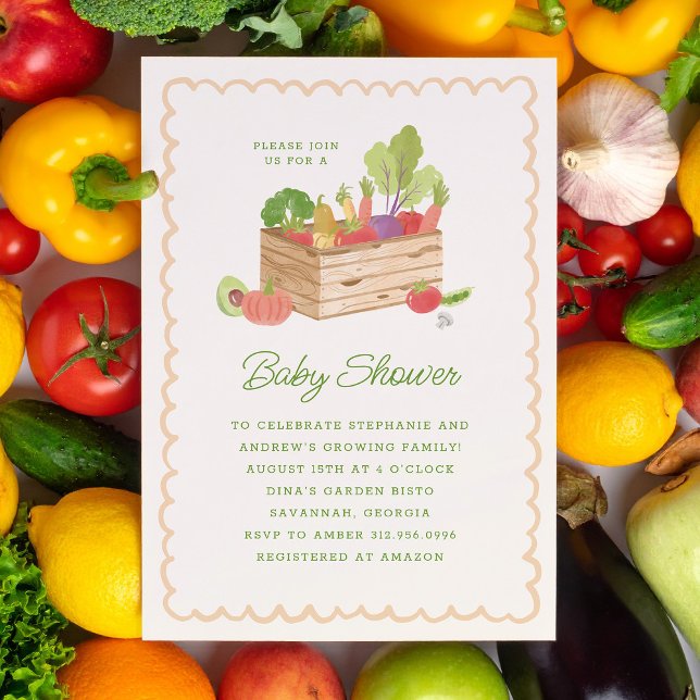 Convites Farmer's Market Locally Grown Veggies Baby Shower (cute watercolour farmer's market baby shower invitation with crate of vegetables)
