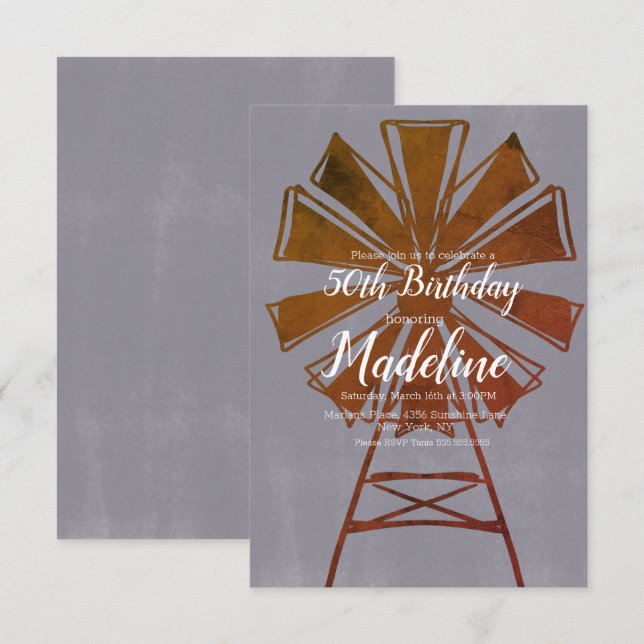 Convites Farmhouse Windmill Rustic 50th Birthday (Frente/Verso)