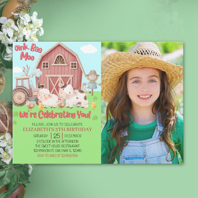 Convites Farmyard Girl Birthday Photo – Cute Barn Animals  (Criador carregado)