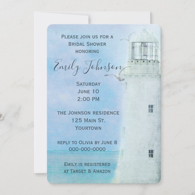 Convites Farol branco de aquarela e gaivotas (Frente)