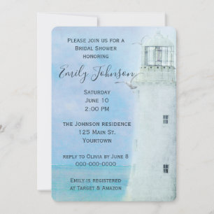 Convites Farol branco de aquarela e gaivotas