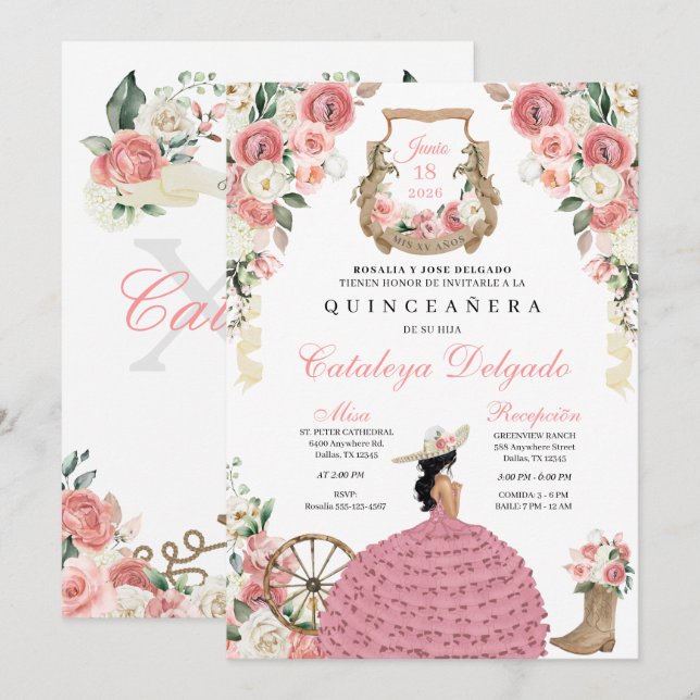 Convites Farol-cor-de-rosa-oeste Mariachi Charro Quinceañer (Frente/Verso)