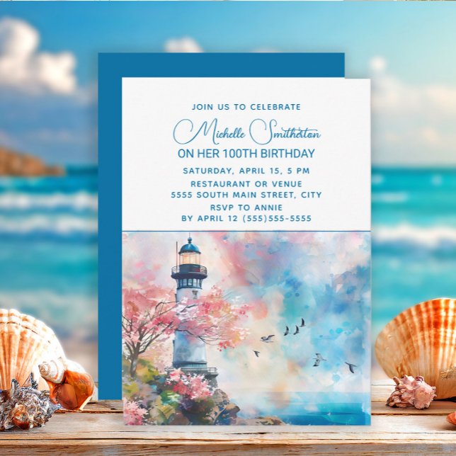 Convites Farol Oceano Náutico 100.o Aniversário (Lighthouse/beach birthday party invitation)