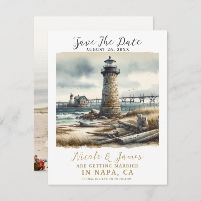 Convites Farol Russo Costeiro Lado à beira-mar Guarde a Dat (Frente/Verso)