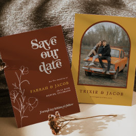 Convites FARRAH Retro 70's Rust Floral Photo Save the Date
