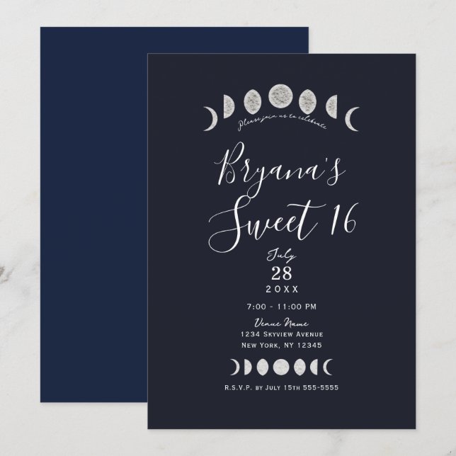 Convites Fases da Lua Astrologia Celestial Azul Doce 16    (Frente/Verso)