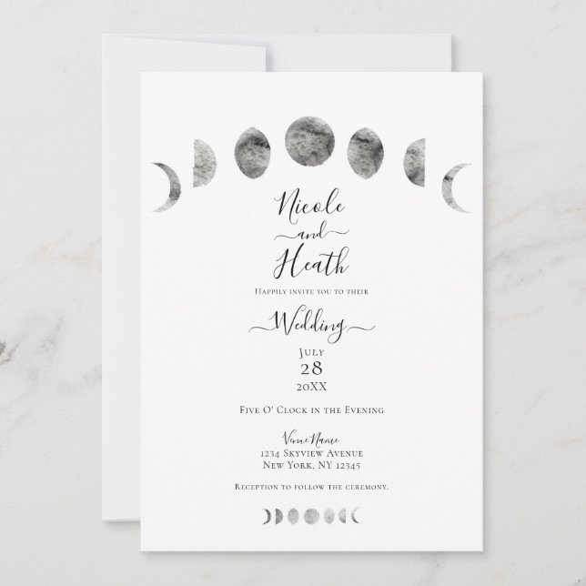 Convites Fases da Lua Branca Aquarela Casamento Minimalista (Frente)