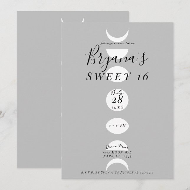 Convites Fases da Lua Ciclos Cinza e Branco Doce 16 (Frente/Verso)