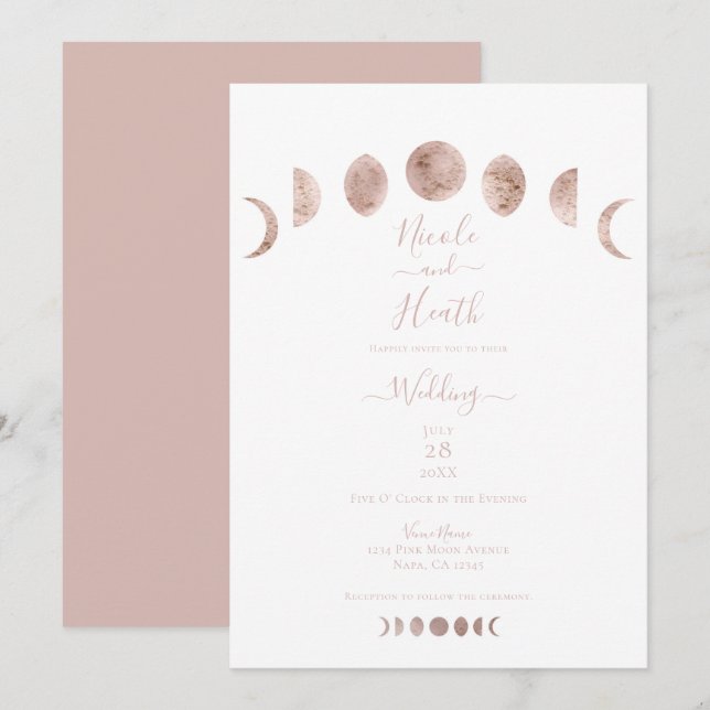 Convites Fases da Lua Rosa Boho Casamento Moderno Minimalis (Frente/Verso)